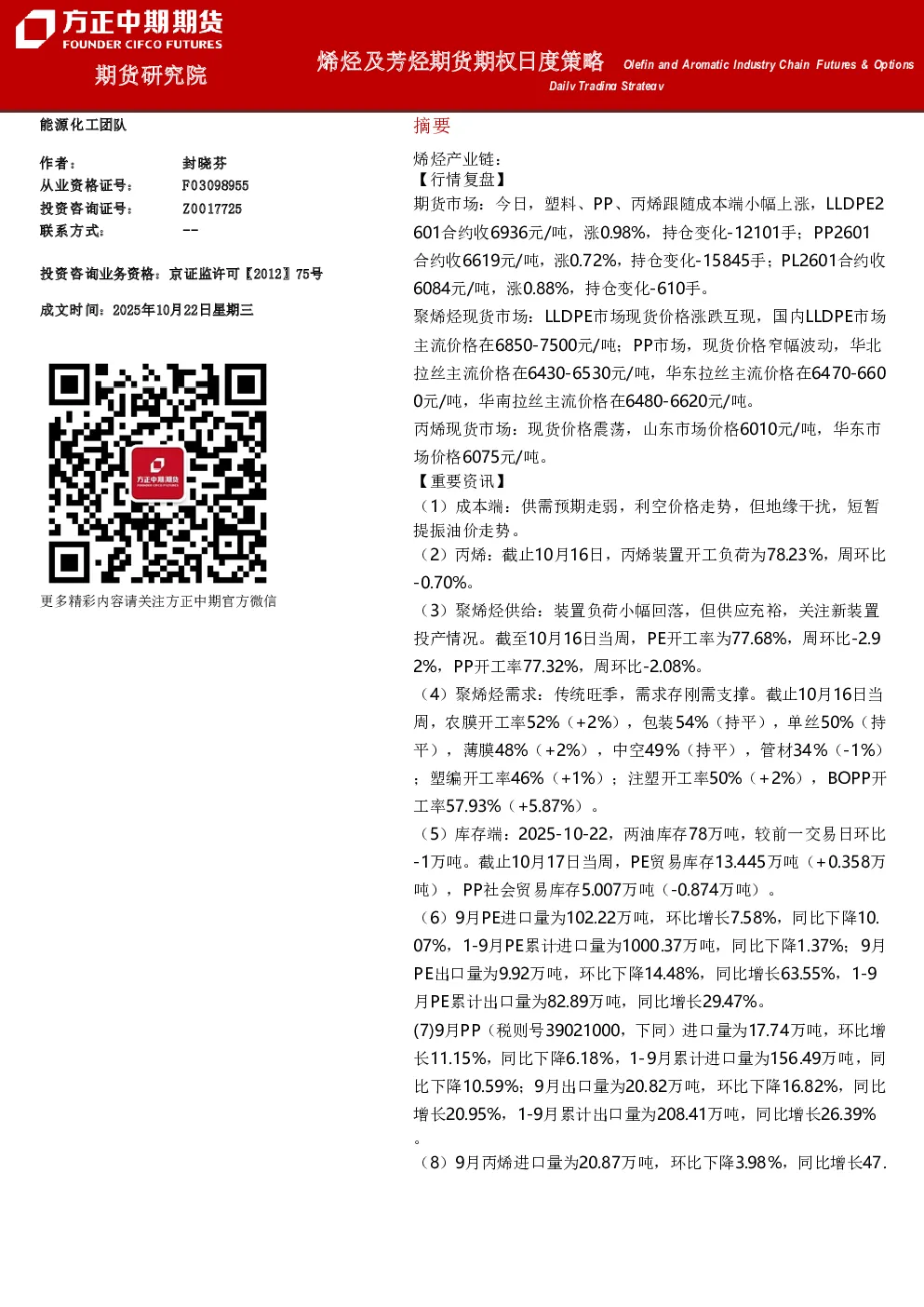 烯烃和芳香族产业链期货期权每日交易策略