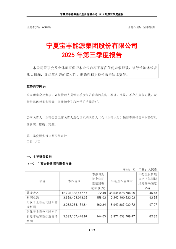 宝丰能源：宁夏宝丰能源集团股份有限公司2025年第三季度报告