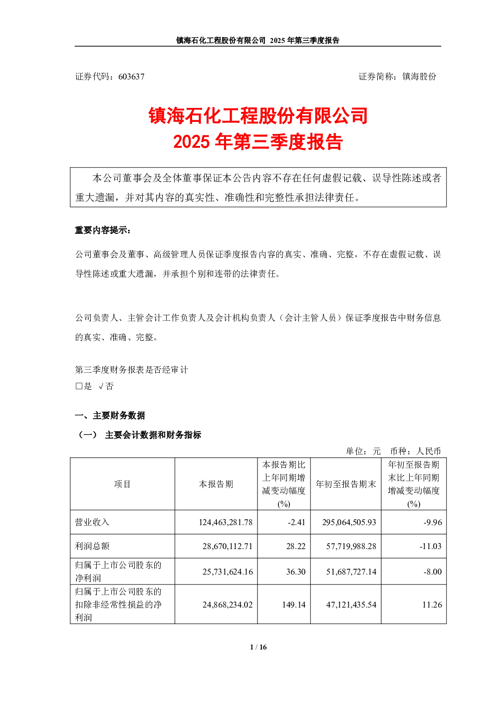 镇海股份：2025年第三季度报告