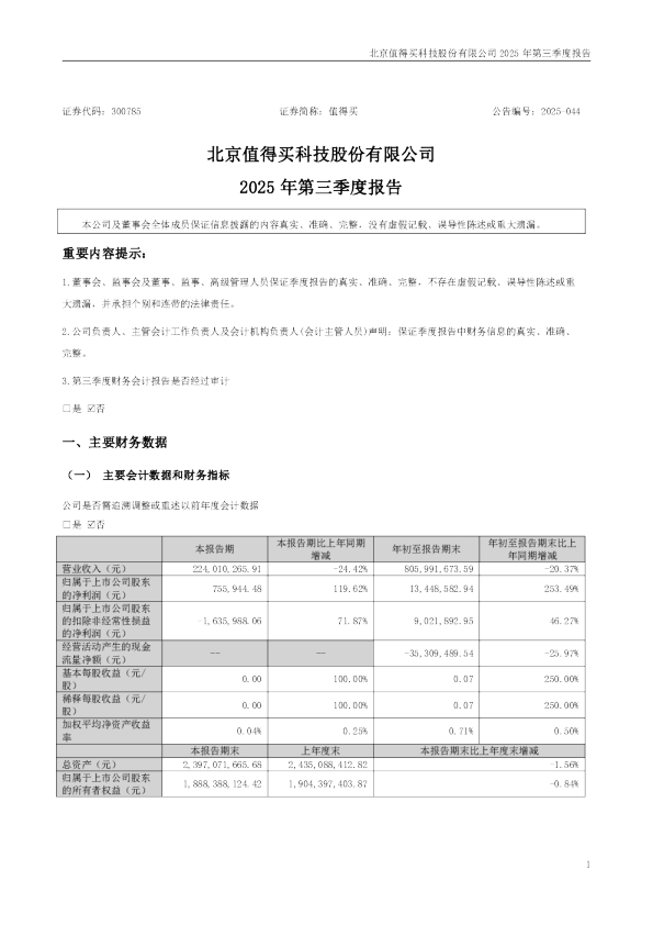 值得买：2025年三季度报告