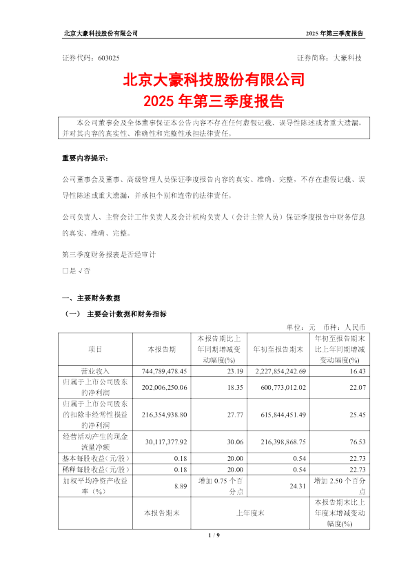 大豪科技：北京大豪科技股份有限公司2025年第三季度报告