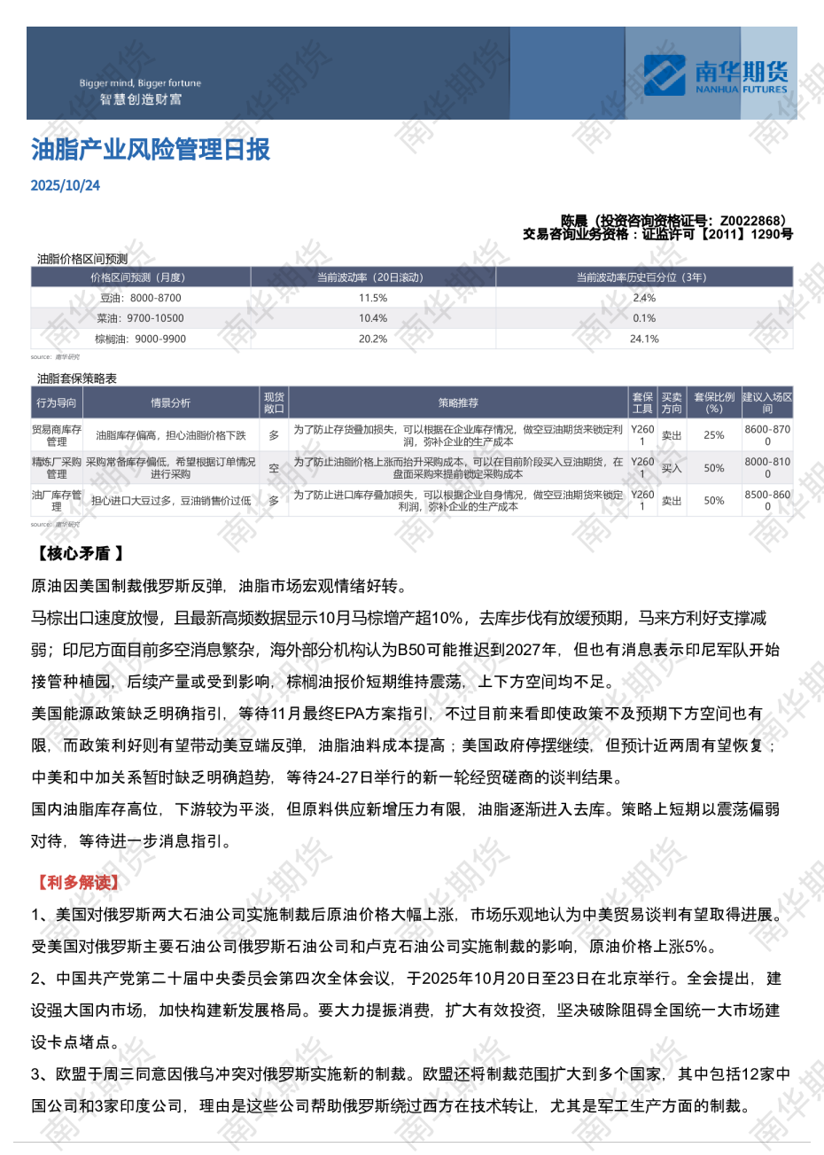 油脂产业风险管理日报