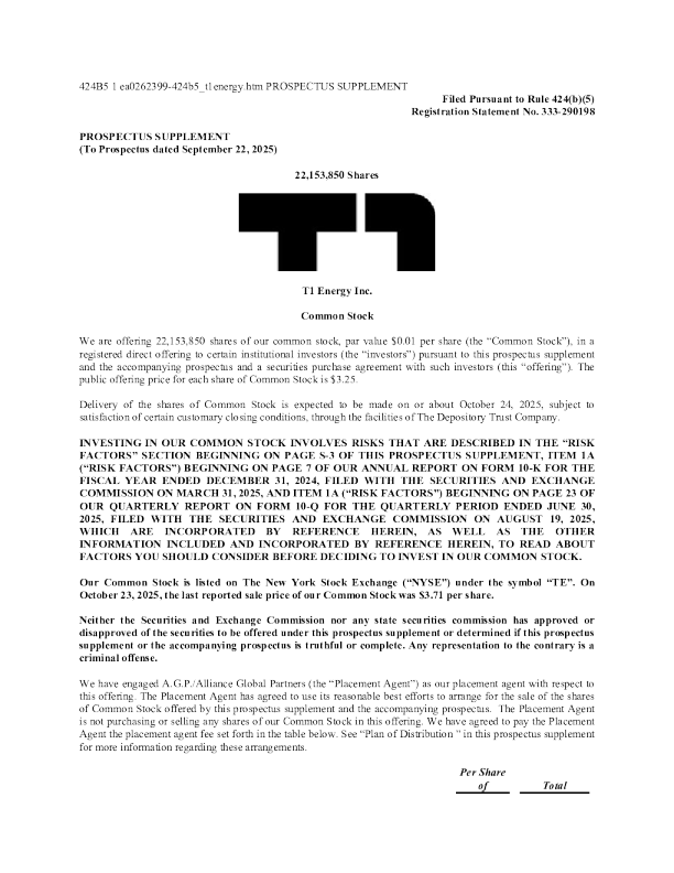 T1能源有限公司美股招股说明书(2025-10-24版)