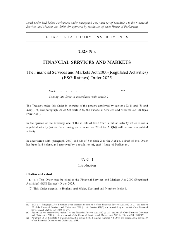 《2000年金融服务与市场法（受监管活动）（ESG评级）2025年令》