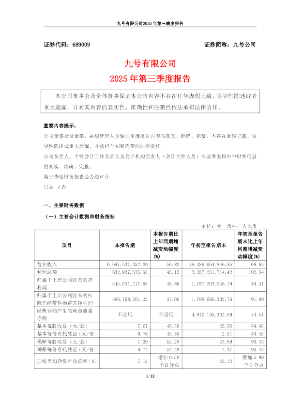 九号公司：九号有限公司2025年第三季度报告