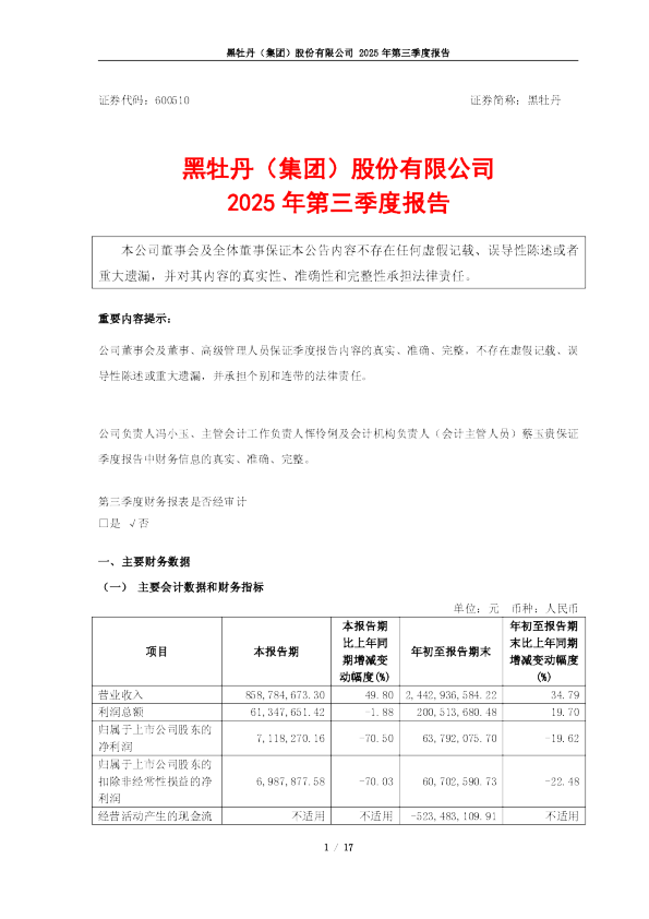 黑牡丹：黑牡丹2025年第三季度报告