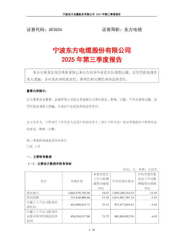 东方电缆:东方电缆2025年第三季度报告
