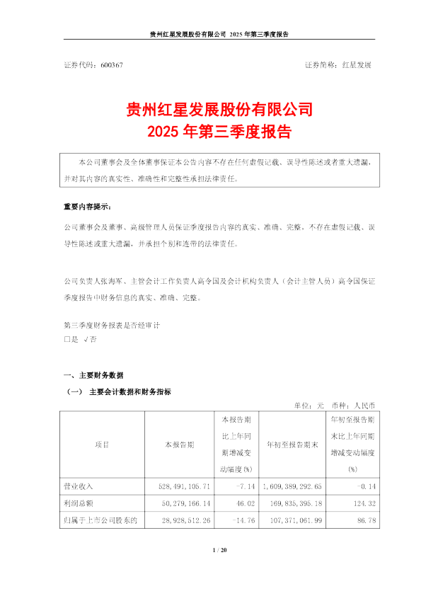 红星发展：红星发展2025年第三季度报告