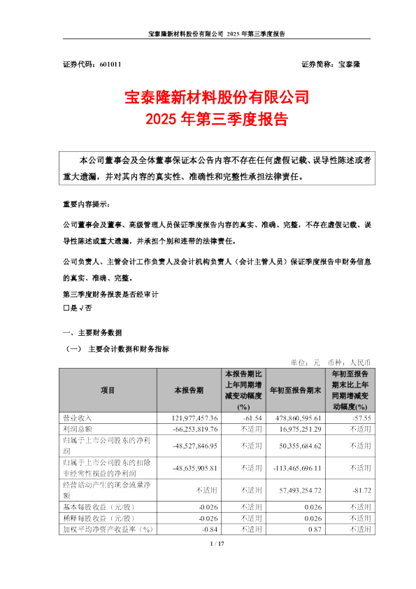 宝泰隆:宝泰隆新材料股份有限公司2025年第三季度报告