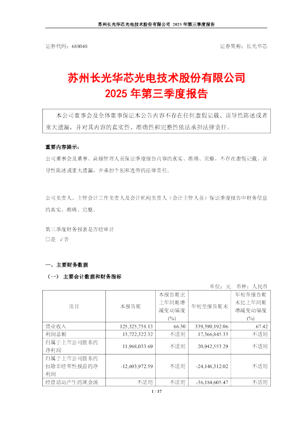 长光华芯：2025年第三季度报告