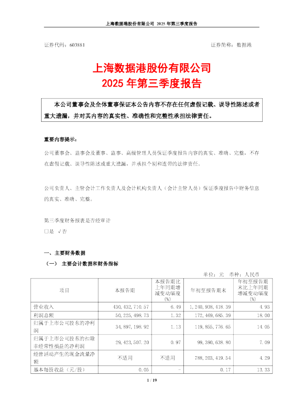 数据港：上海数据港股份有限公司2025年第三季度报告