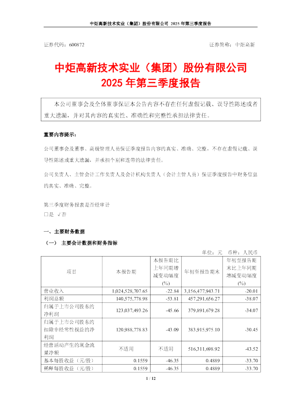 中炬高新：中炬高新2025年第三季度报告