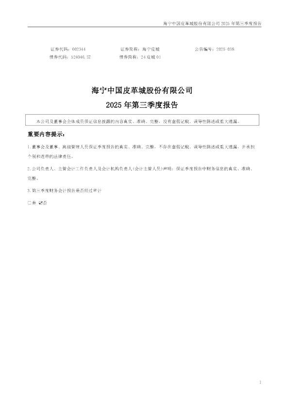 海宁皮城：2025年三季度报告