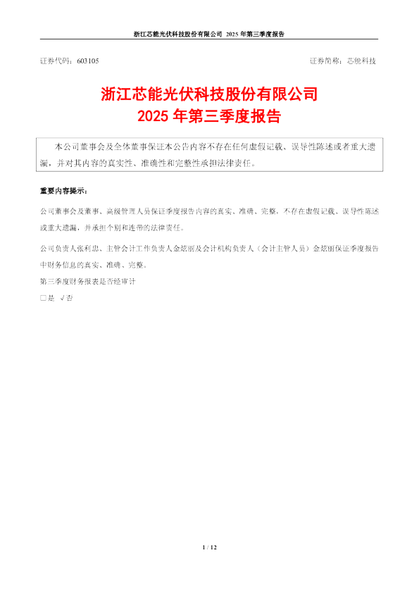 芯能科技:浙江芯能光伏科技股份有限公司2025年第三季度报告