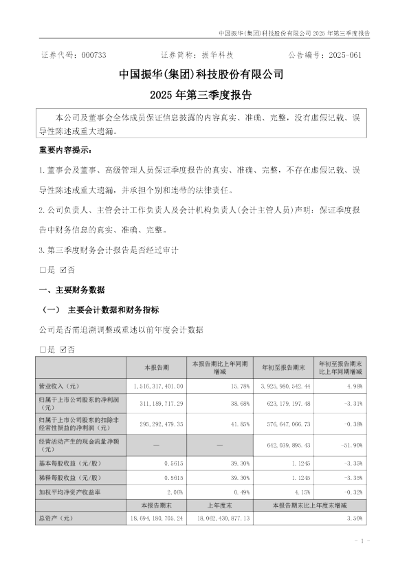 振华科技：2025年三季度报告
