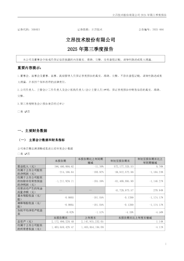 立昂技术:2025年三季度报告