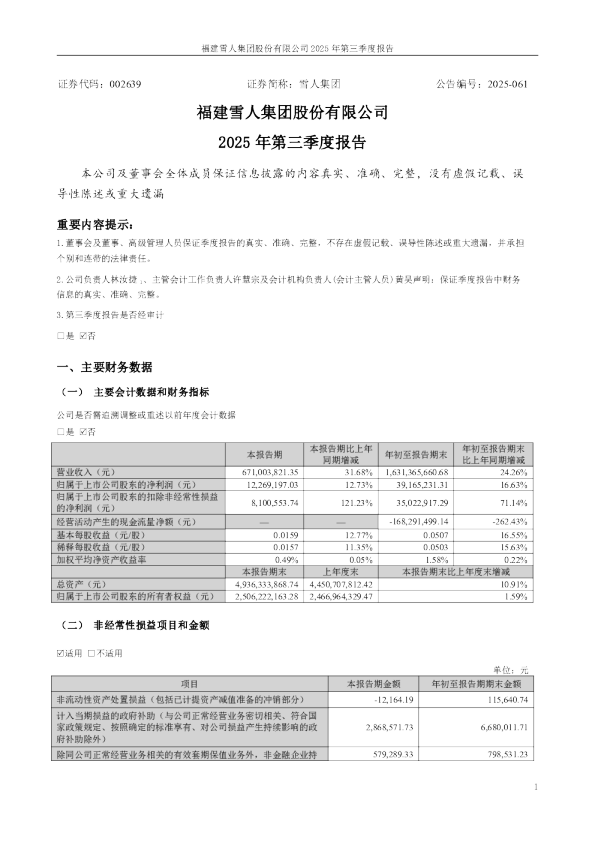 雪人集团:2025年三季度报告