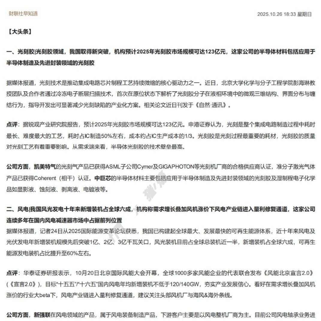 光刻胶领域新突破及风电行业发展动态