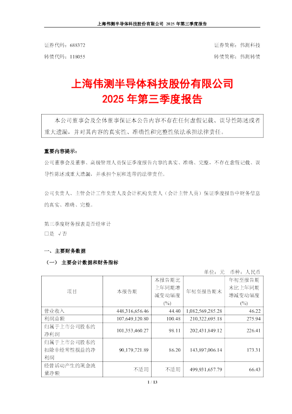 伟测科技：2025年第三季度报告
