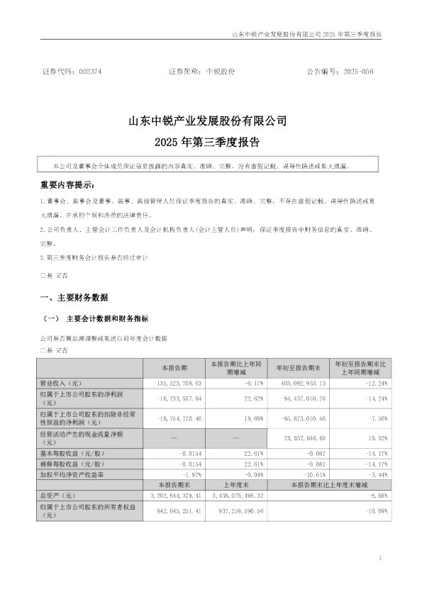中锐股份：2025年三季度报告