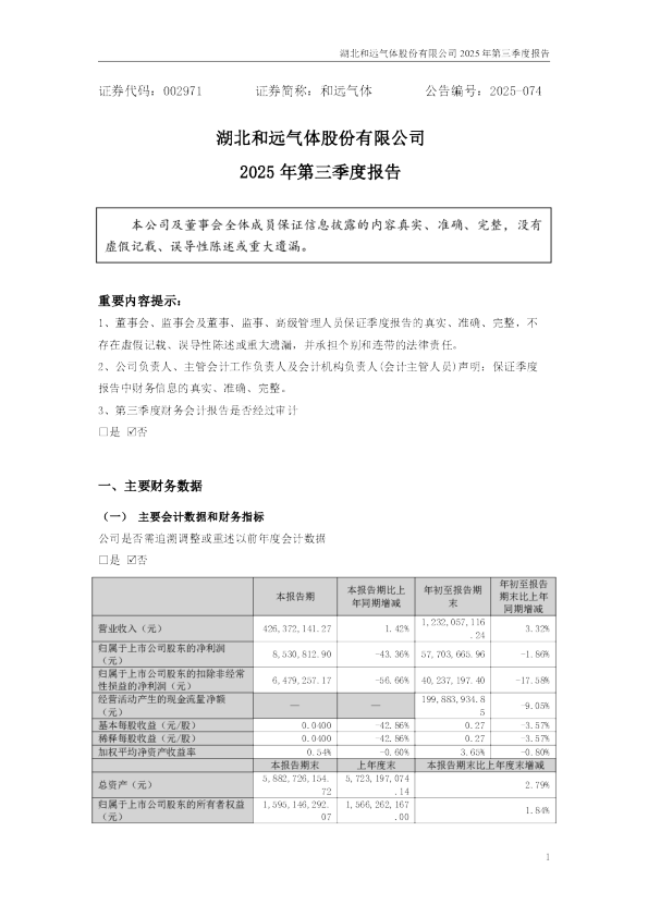 和远气体：2025年三季度报告
