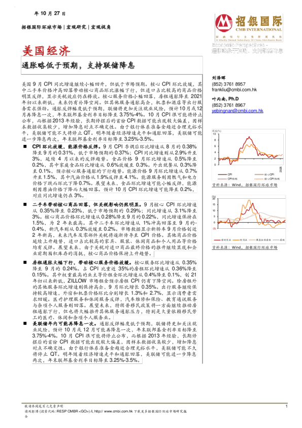通胀略低于预期，支持联储降息