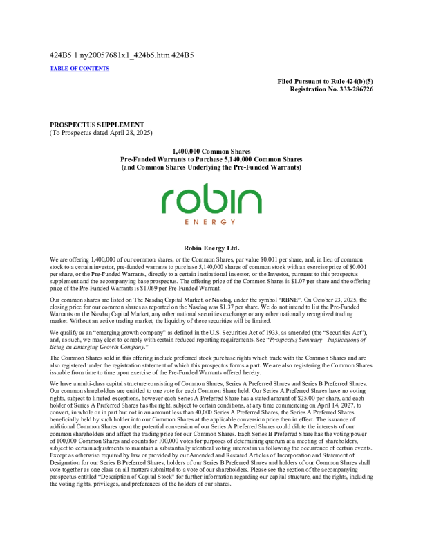Robin Energy Ltd美股招股说明书(2025-10-27版)