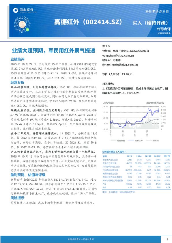 业绩大超预期，军民用红外景气提速