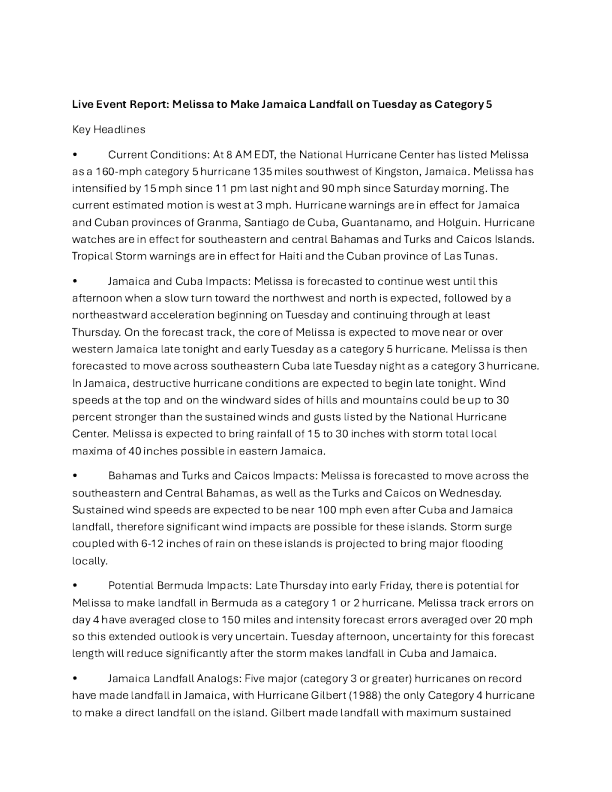 现场活动报道：Melissa将于周二以5级成绩登陆牙买加