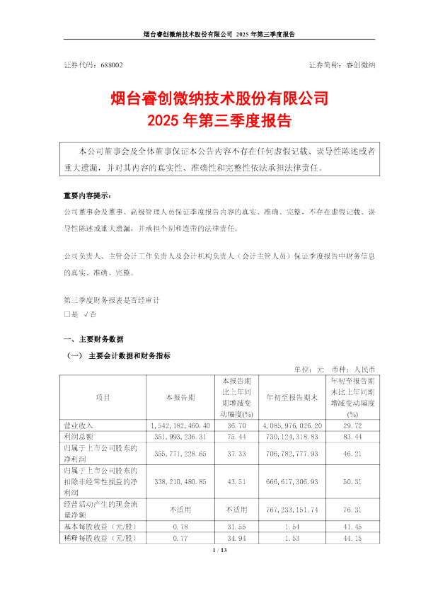 睿创微纳：2025年第三季度报告