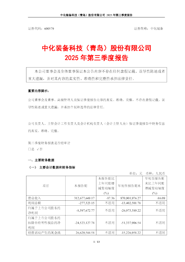中化装备：中化装备科技（青岛）股份有限公司2025年第三季度报告