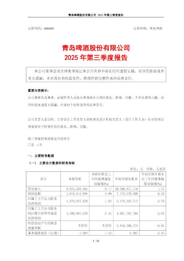 青岛啤酒：青岛啤酒股份有限公司2025年第三季度报告