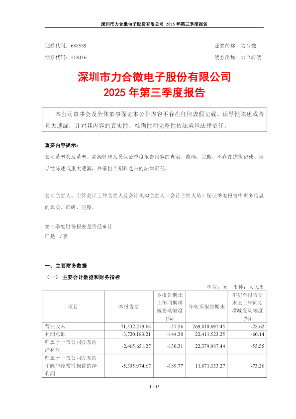 力合微：2025年第三季度报告