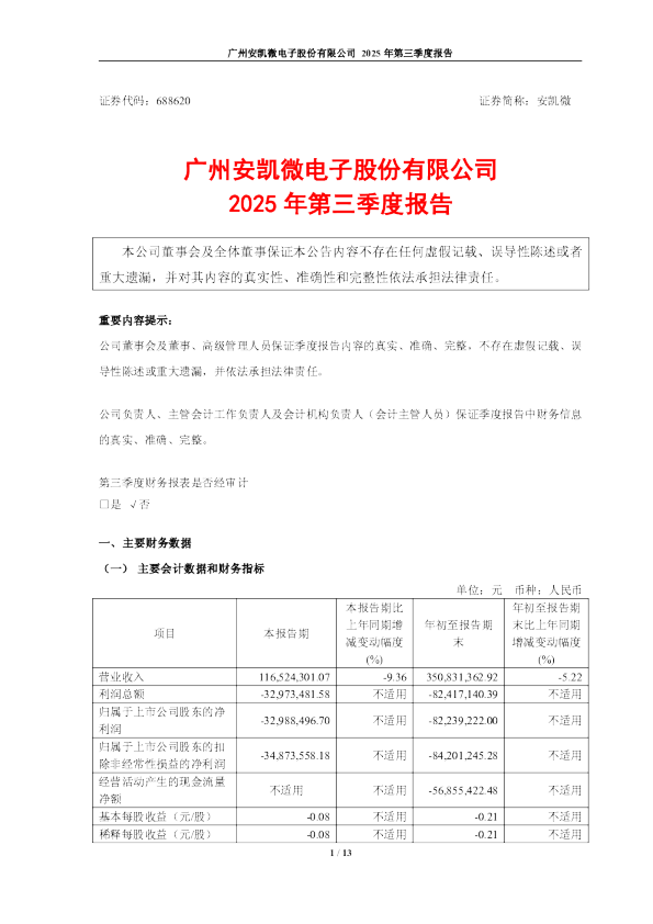 安凯微：广州安凯微电子股份有限公司2025年第三季度报告