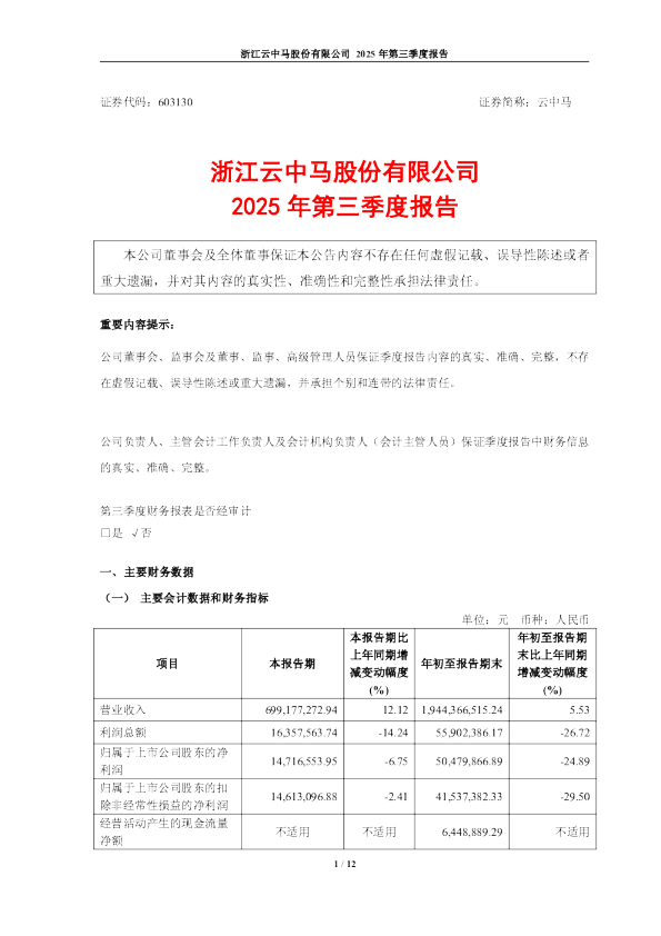 云中马：浙江云中马股份有限公司2025年第三季度报告
