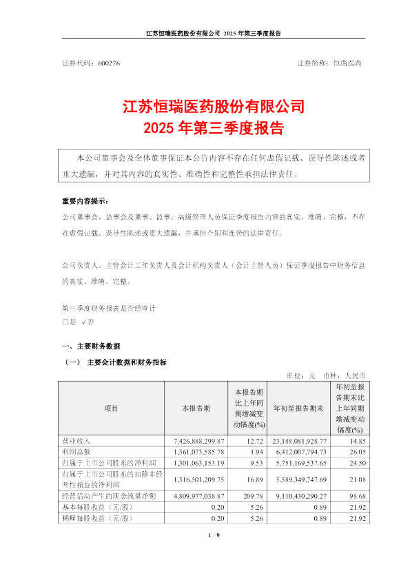 恒瑞医药:恒瑞医药2025年第三季度报告