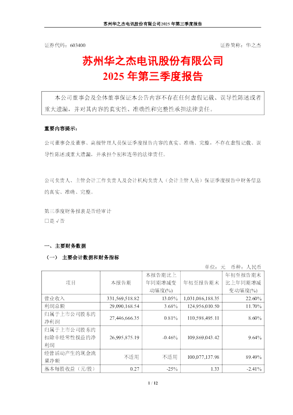 华之杰：华之杰2025年第三季度报告