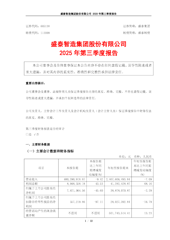 盛泰集团：盛泰智造集团股份有限公司2025年第三季度报告