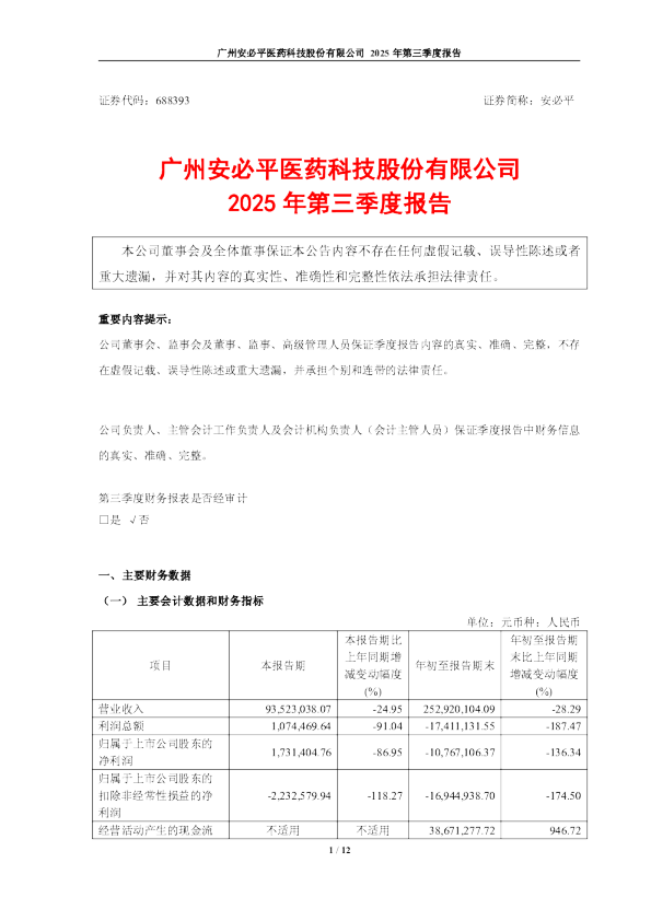 安必平：2025年第三季度报告