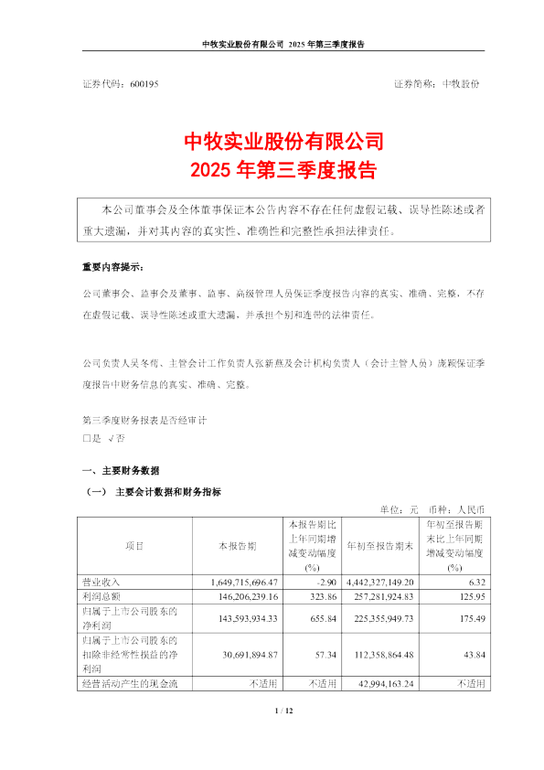 中牧股份：中牧实业股份有限公司2025年第三季度报告