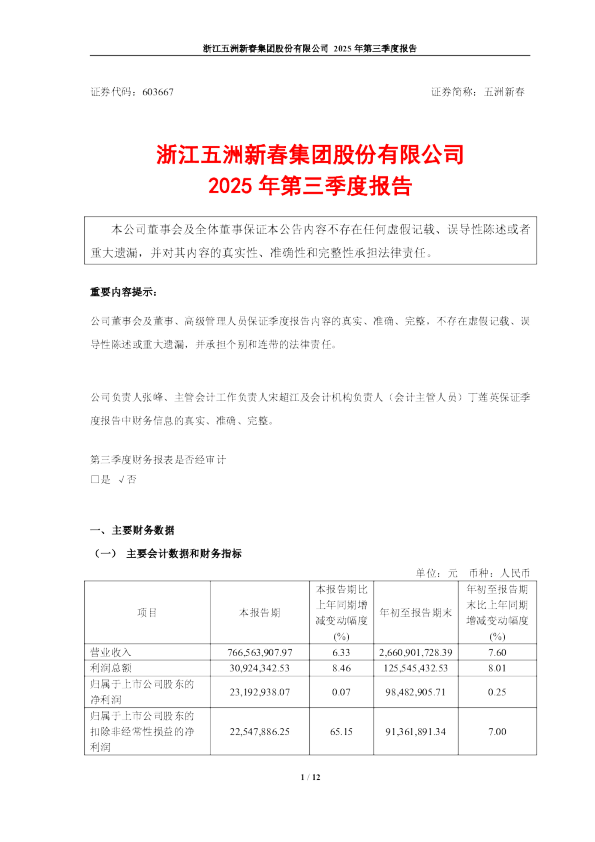 五洲新春：五洲新春2025年第三季度报告