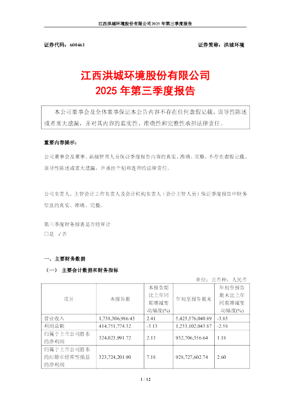洪城环境：江西洪城环境股份有限公司2025年第三季度报告