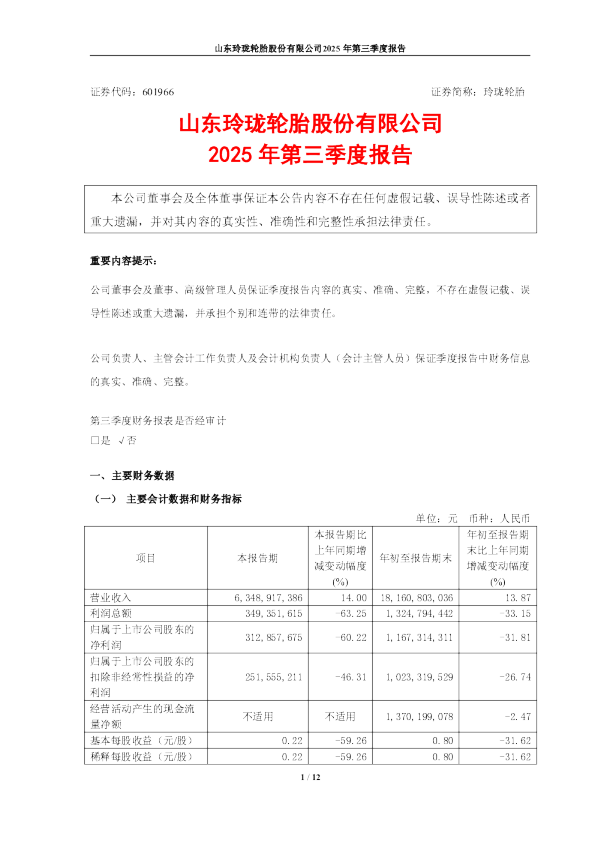 玲珑轮胎：山东玲珑轮胎股份有限公司2025年第三季度报告