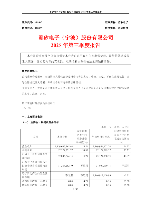 甬矽电子：2025年第三季度报告