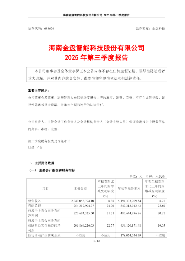 金盘科技：2025年第三季度报告