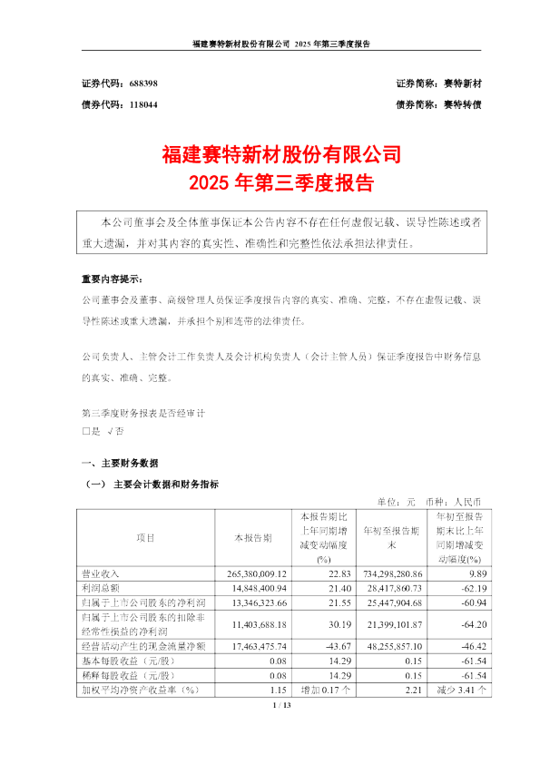 赛特新材：赛特新材：2025年第三季度报告