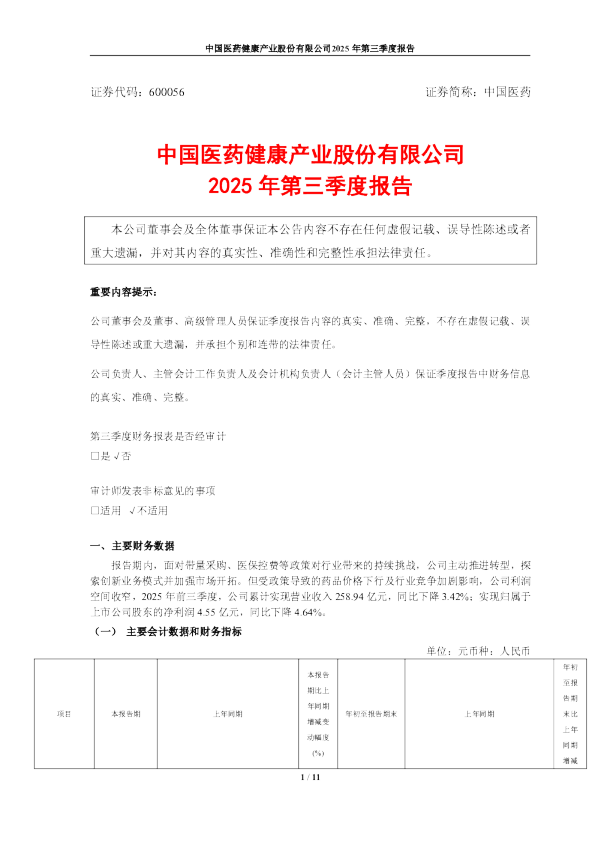 中国医药：2025年第三季度报告全文