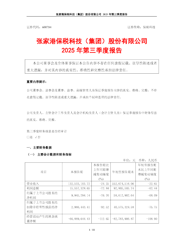 保税科技：张家港保税科技（集团）股份有限公司2025年第三季度报告