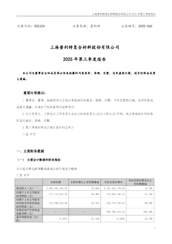 普利特：2025年三季度报告