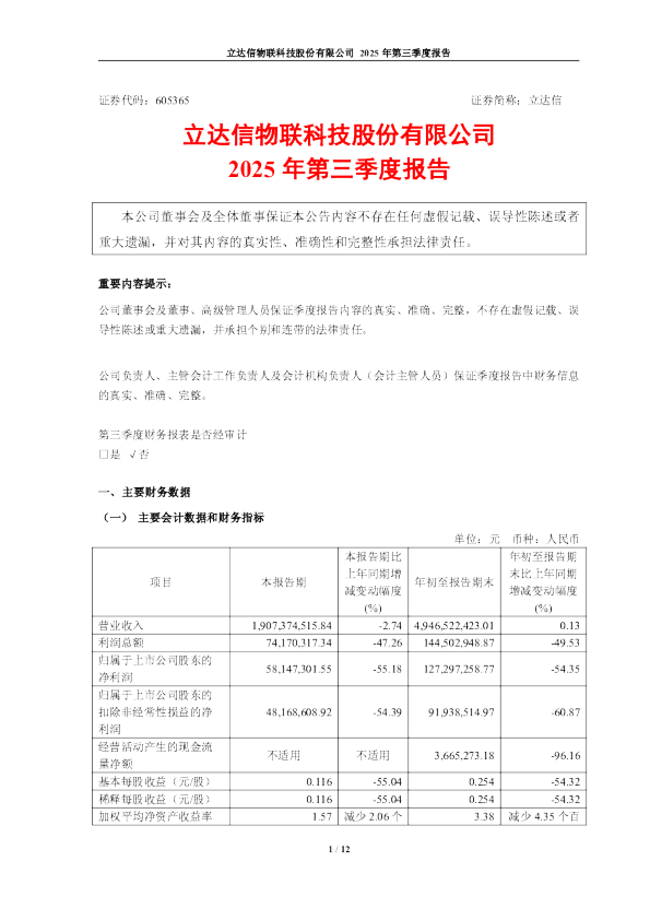 立达信：2025年第三季度报告